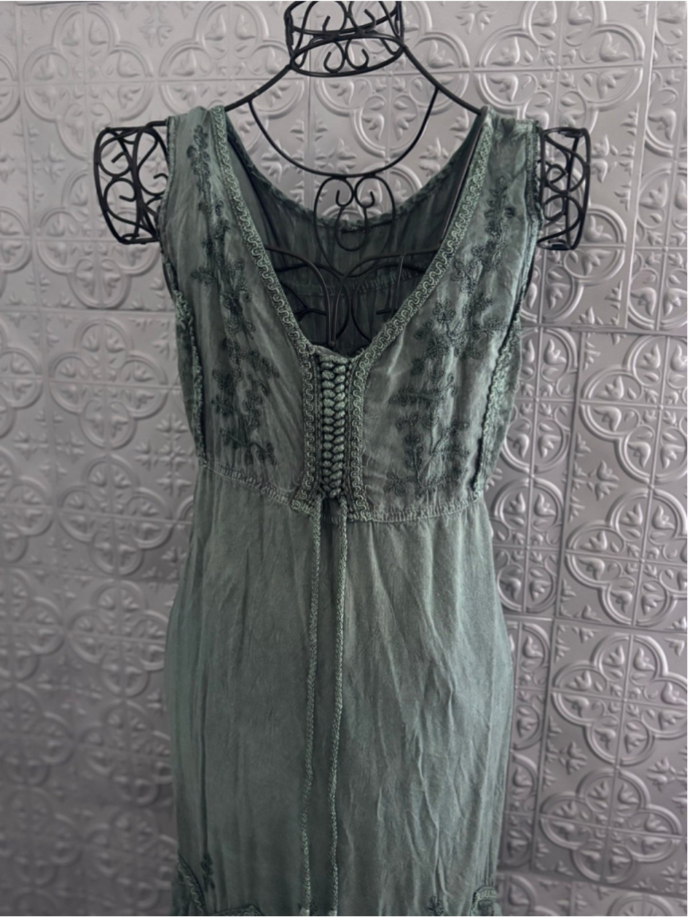 90s vintage Maxi Bohemian Smocked Dress Corset Peasant Embroidered Cottagecore - Picture 3 of 11
